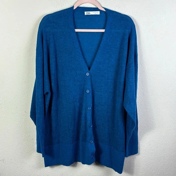 Zara Wool Alpaca Blend V-Neck Oversized Lightweight Cardigan teal blue sz medium - Picture 2 of 9